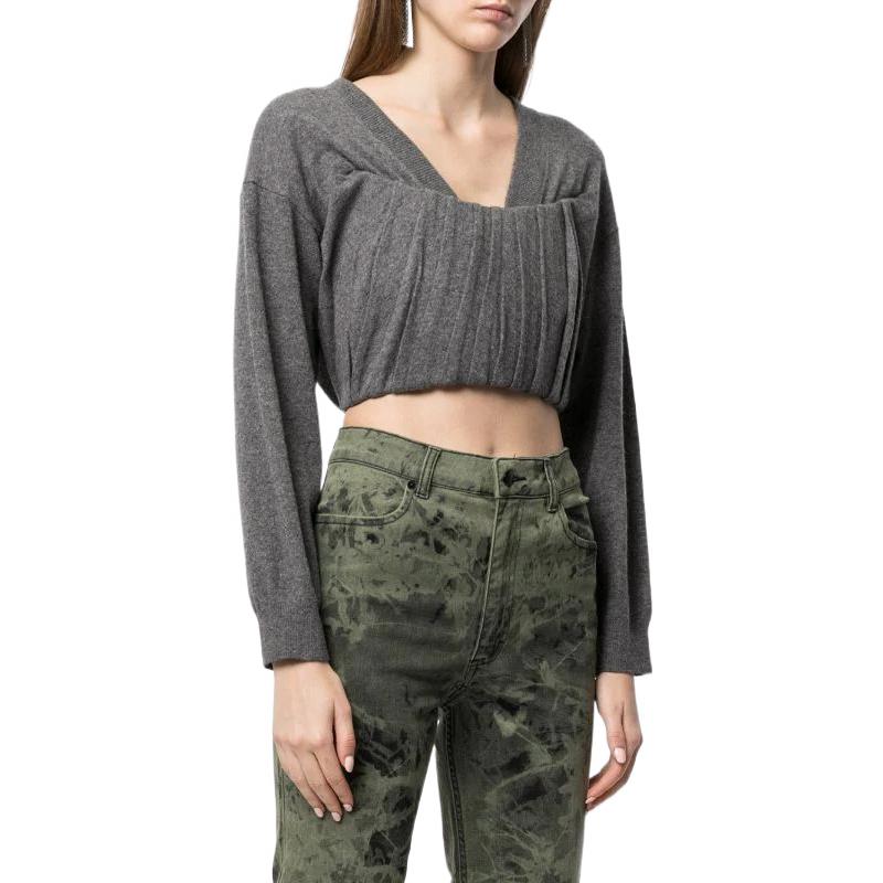 Purchase (Women) Alexander Wang SS22 Grey V-Neck Ruched Cropped Cashmere Sweater 1KC220100-621