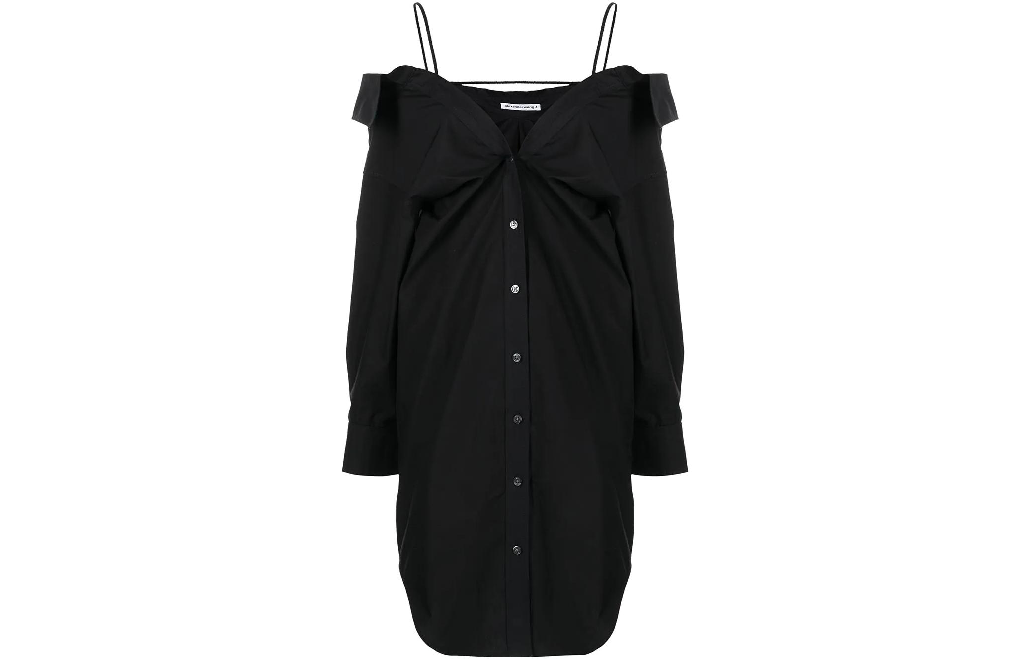 (Women) Alexander Wang SS22 Off-Shoulder Cotton Shirt Dress Long Sleeve Black 4WC3226195-001