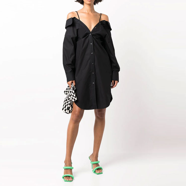 Lookbook (W) 亚历山大王 SS22 黑色长袖露肩棉质衬衫裙 4WC3226195-001