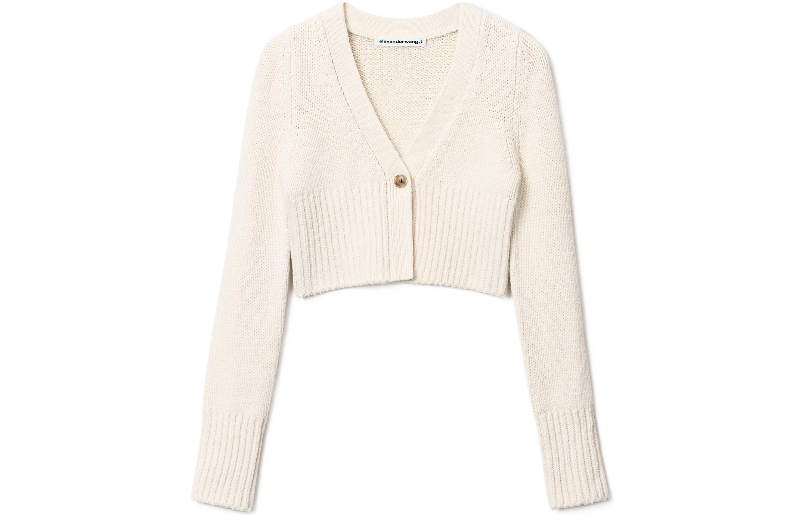 (Women) Alexander Wang SS22 Ribbed V-Neck Cropped Knit Long Sleeve Top Women’s White 4KC2223018-104