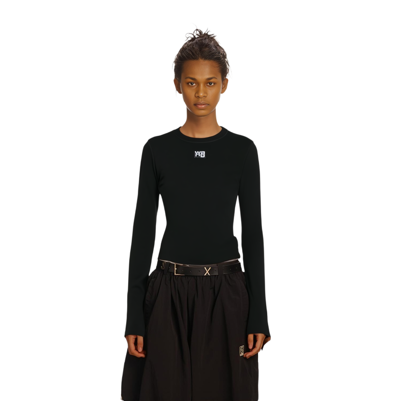 Cheap (W) Alexander Wang SS22 Camiseta Manga Larga Negra con Parche de Logo 4KC1221011-001