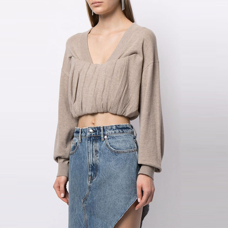 Purchase (Women) Alexander Wang SS22 V-Neck Ruched Long-Sleeve Cashmere Sweater Khaki 1KC2201006-271