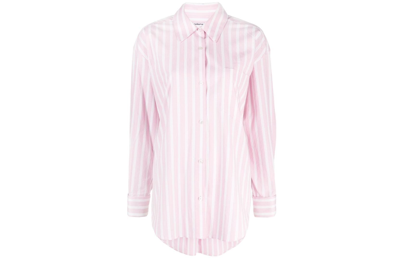 Order (W) Alexander Wang SS23 Baju Pink Muda Asimetris Bergaris dengan Butang 1WC2232443-688