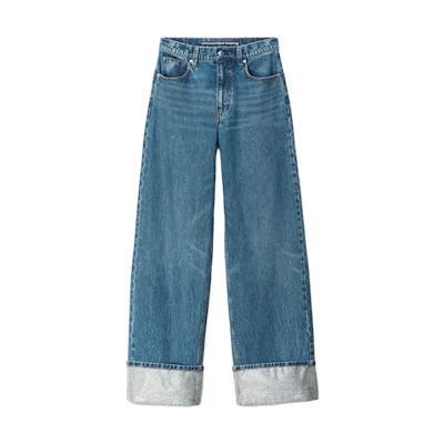 (Women) Alexander Wang SS23 Crystal Cuffed Wide-Leg Jeans in Dark Blue Denim. 4DC2234505-401
