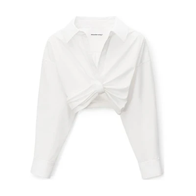 (Women) Alexander Wang SS23 White Cropped V-Neck Long Sleeve Button-Up Shirt 4WC2231380-111