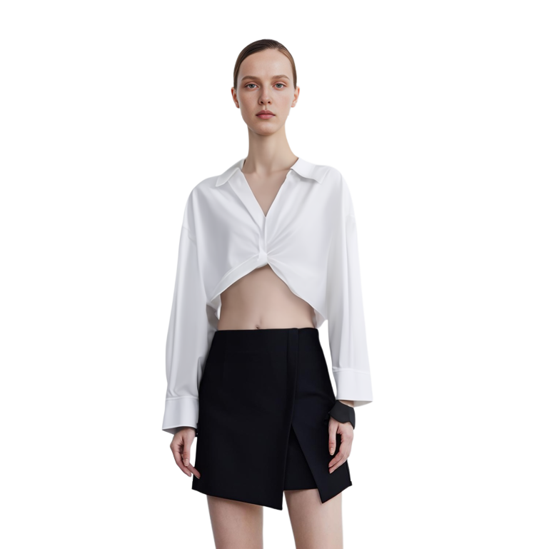 Lookbook (Women) Alexander Wang SS23  White Cropped V-Neck Long Sleeve Button-Up Shirt 4WC2231380-111