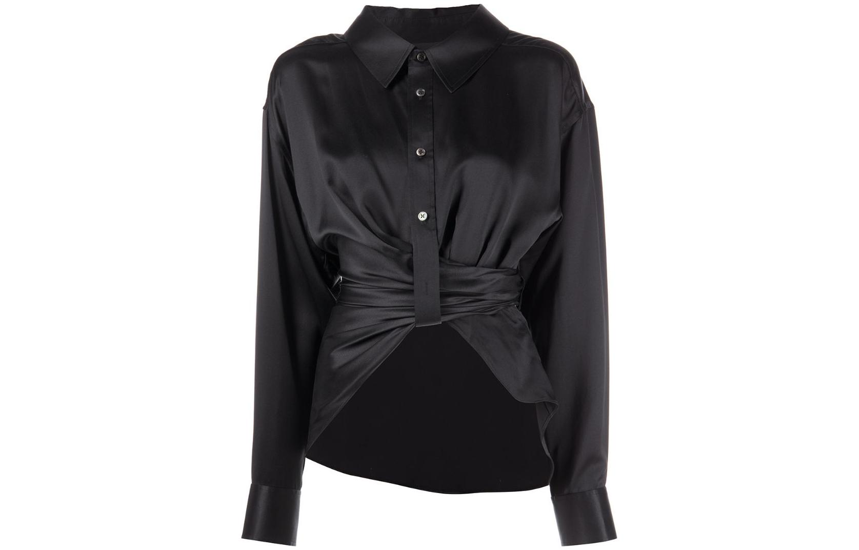 (Women) Alexander Wang SS23 Black Silk Satin Draped Long Sleeve Shirt for Women. 4WC1231376-001