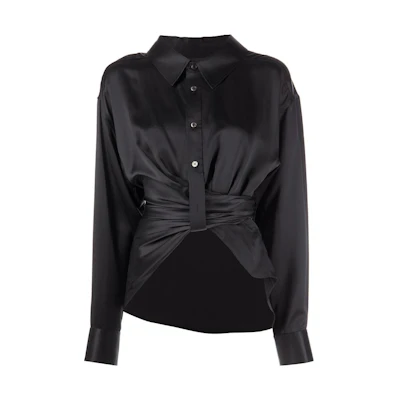 (Women) Alexander Wang SS23 Black Silk Satin Draped Long Sleeve Shirt for Women. 4WC1231376-001