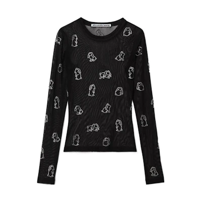 (Women) Alexander Wang SS23 Lunar New Year Rabbit Mesh Rhinestone Long Sleeve Tee Black 1CC1231770-001