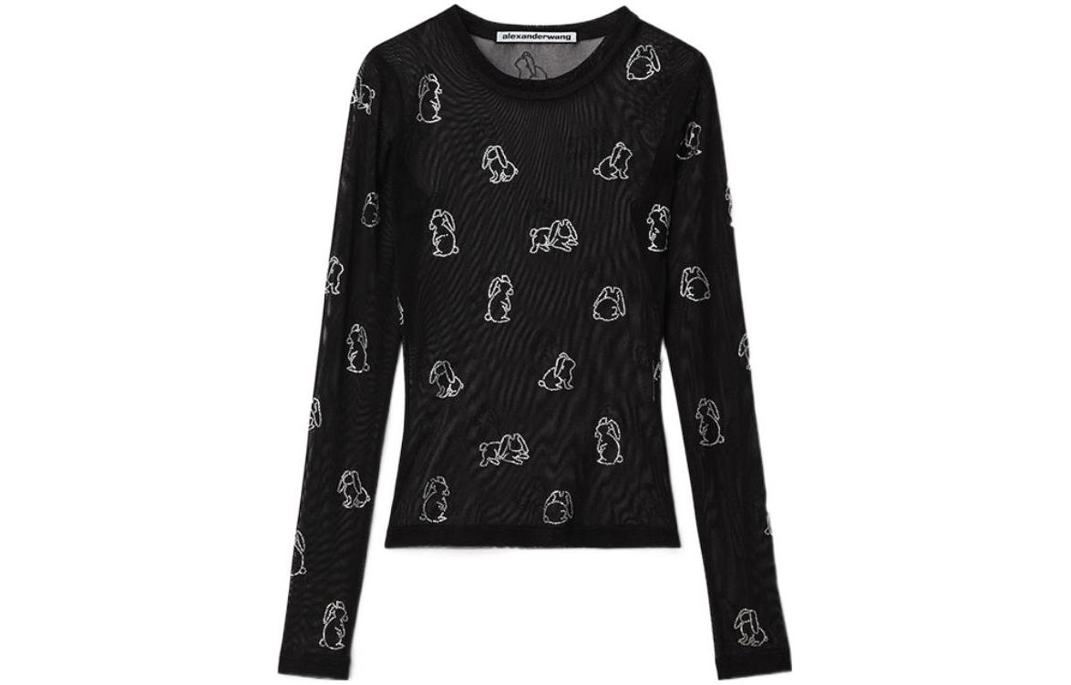 Order (Women) Alexander Wang SS23 Lunar New Year Rabbit Mesh Rhinestone Long Sleeve Tee Black 1CC1231770-001