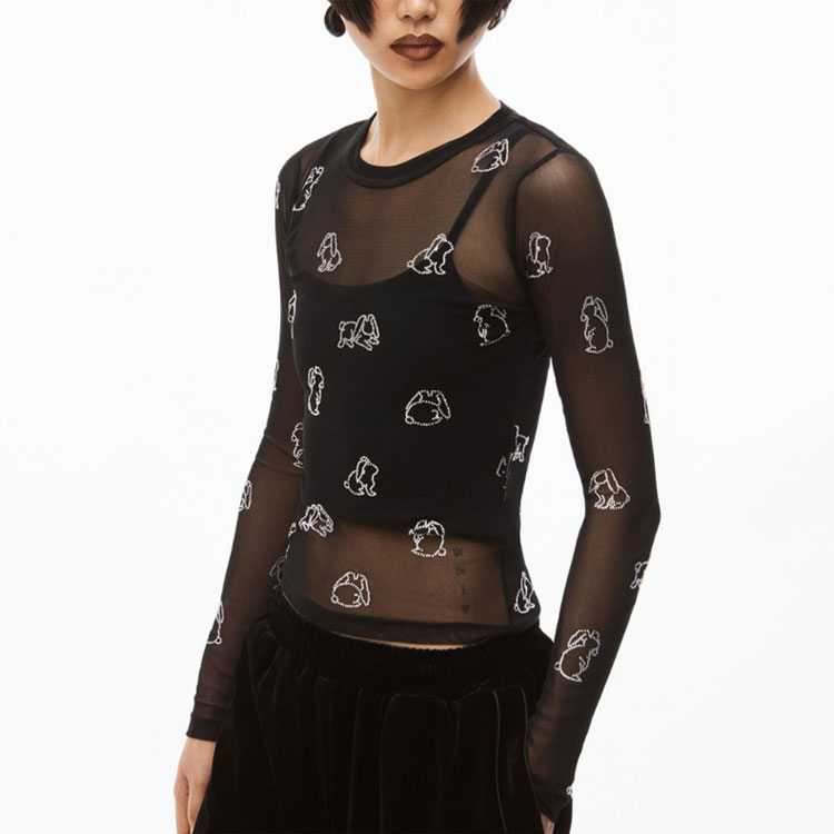 Purchase (Women) Alexander Wang SS23 Lunar New Year Rabbit Mesh Rhinestone Long Sleeve Tee Black 1CC1231770-001