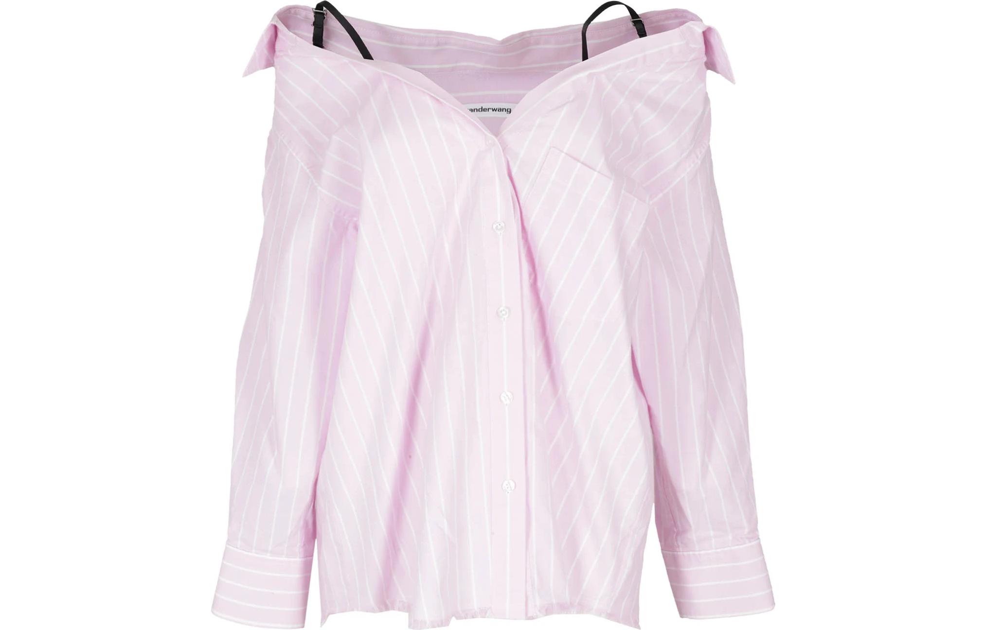 (Women) Alexander Wang SS23 Striped Off-Shoulder Frayed Long Sleeve Shirt Pink (Womens) 4WC1231369-685
