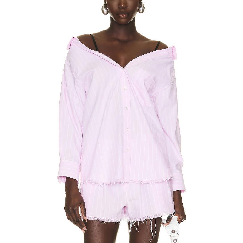 Lookbook (Women) Alexander Wang SS23 Striped Off-Shoulder Frayed Long Sleeve Shirt Pink (Womens) 4WC1231369-685