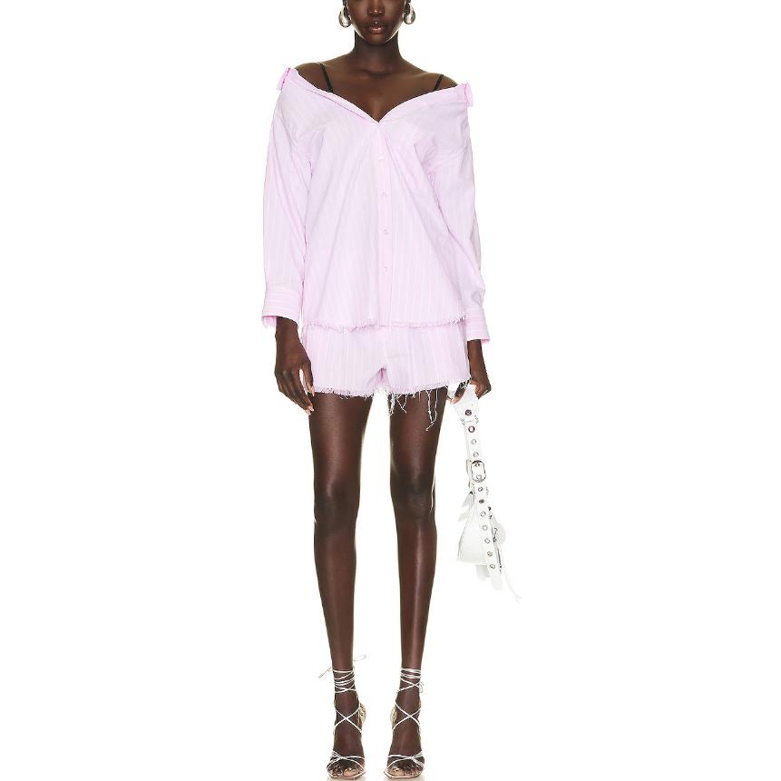 Details for (Women) Alexander Wang SS23 Striped Off-Shoulder Frayed Long Sleeve Shirt Pink (Womens) 4WC1231369-685