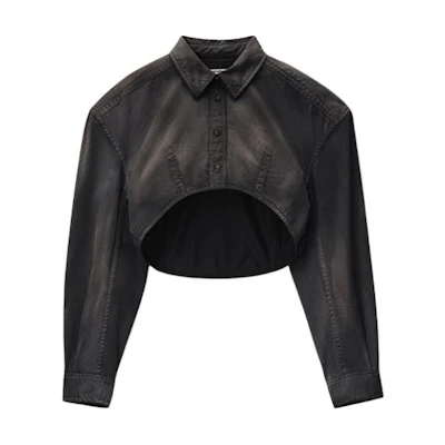 (Women) Alexander Wang SS24 Cropped Button-Up Long Sleeve Shirt Washed Black Pearl. 1WC22419050-28A