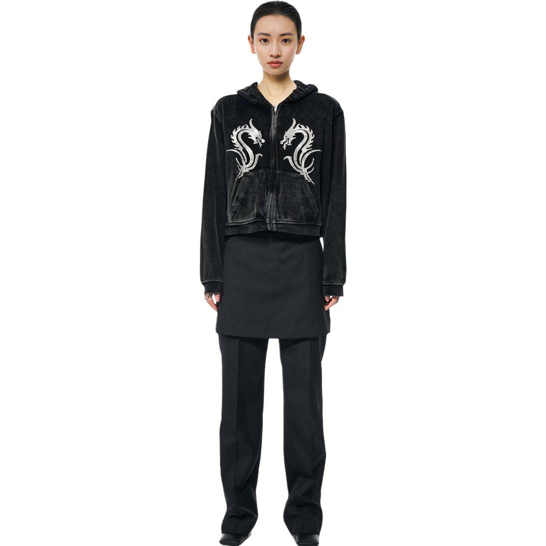 Details for (W) 알렉산더 왕 SS24 크롭 크리스탈 드래곤 후디 재킷 블랙 1CC12425190-95A