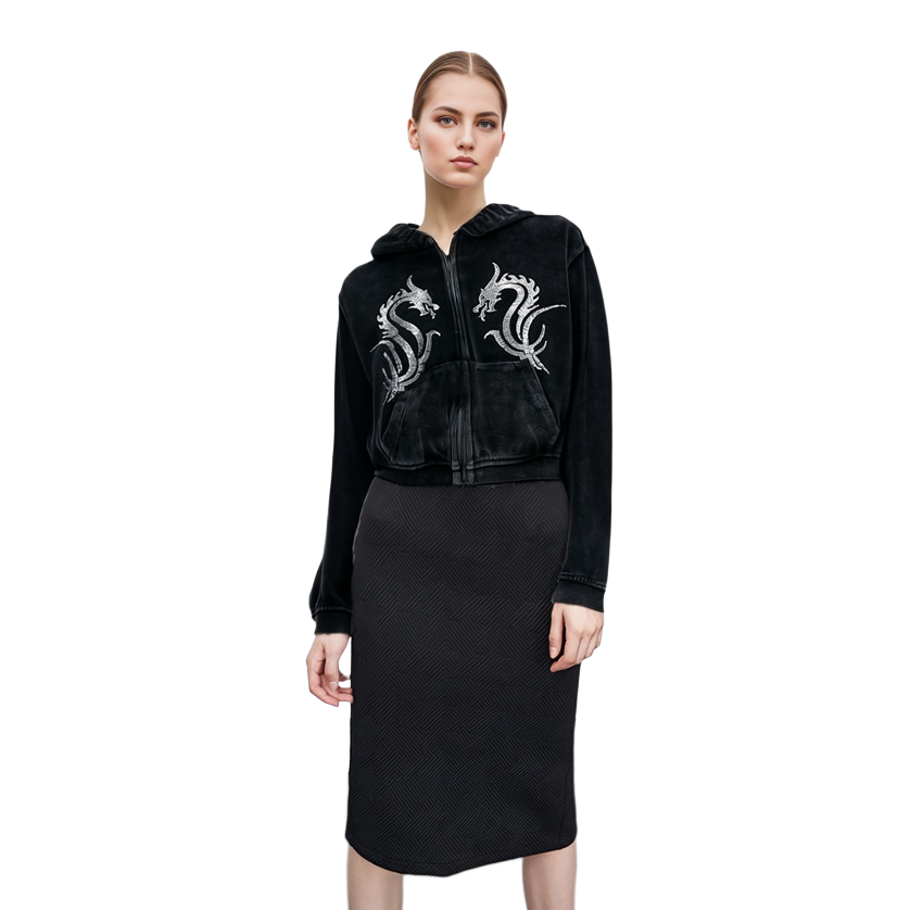 Cheap (W) 알렉산더 왕 SS24 크롭 크리스탈 드래곤 후디 재킷 블랙 1CC12425190-95A