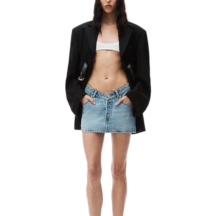 Shop (W) 亚历山大王 SS24 极简风蓝色V领牛仔裙 4DC12451204-71A