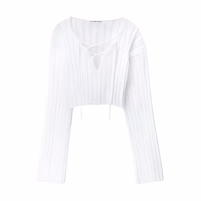 (Women) Alexander Wang SS24 Oversized Cropped Pullover Knit Sweater White 4KC2241014-100