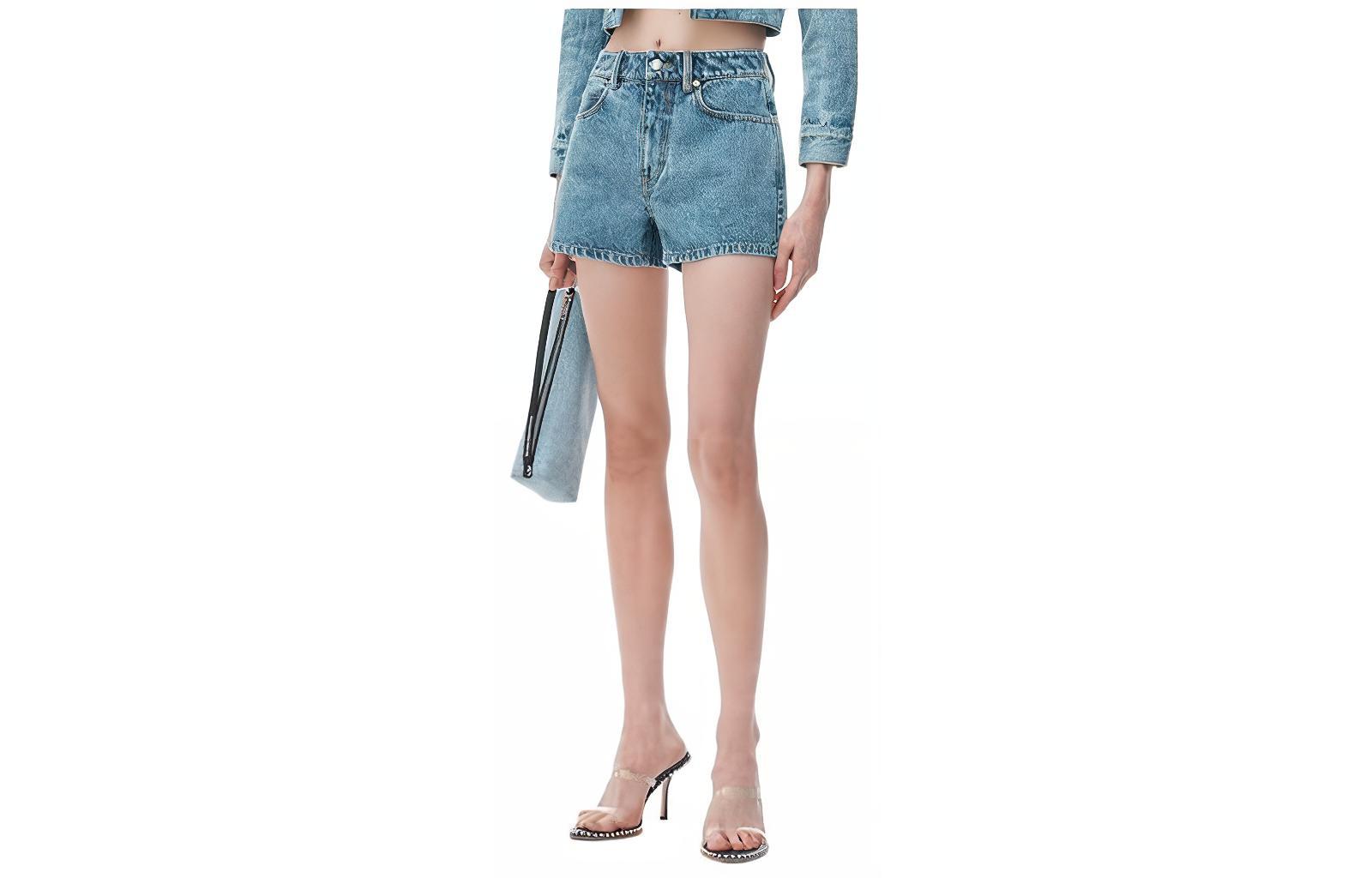 (Women) Alexander Wang SS24 High-Waisted Slim Fit Denim Shorts Women Retro Light Indigo 1WC2244306-486