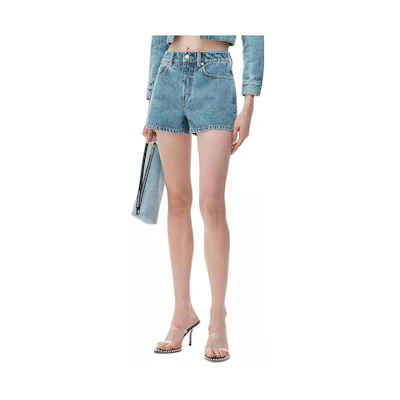 (Women) Alexander Wang SS24 High-Waisted Slim Fit Denim Shorts Women Retro Light Indigo 1WC2244306-486