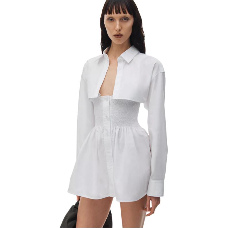 Purchase (W) Alexander Wang SS24 Dress Baju Mini Ruched Lengan Panjang Wanita Putih 4WC2246263-100
