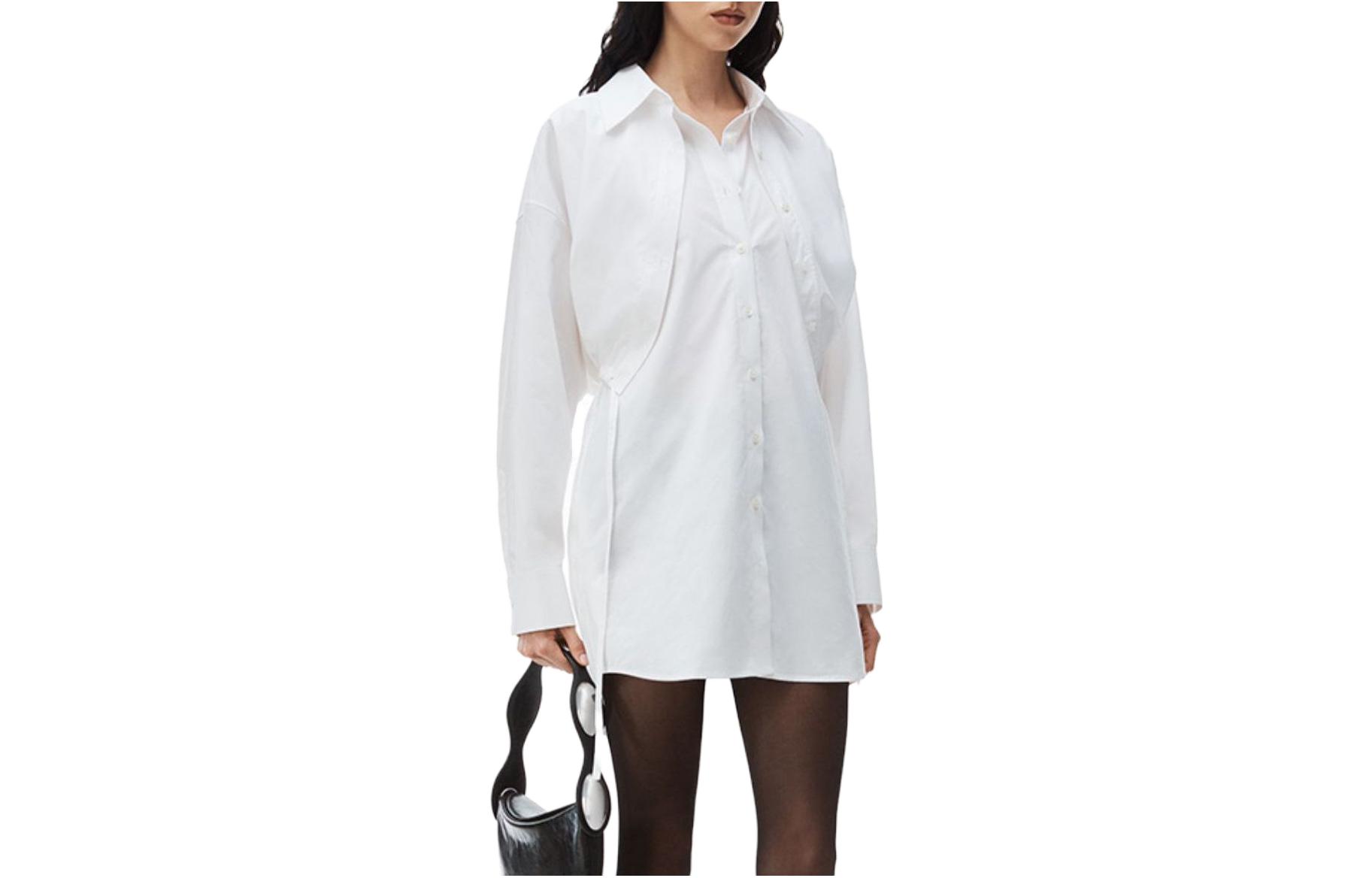(Women) Alexander Wang SS24 Minimalist White Button-Down Long Sleeve Shirt Dress 4WC1246245-WHITE