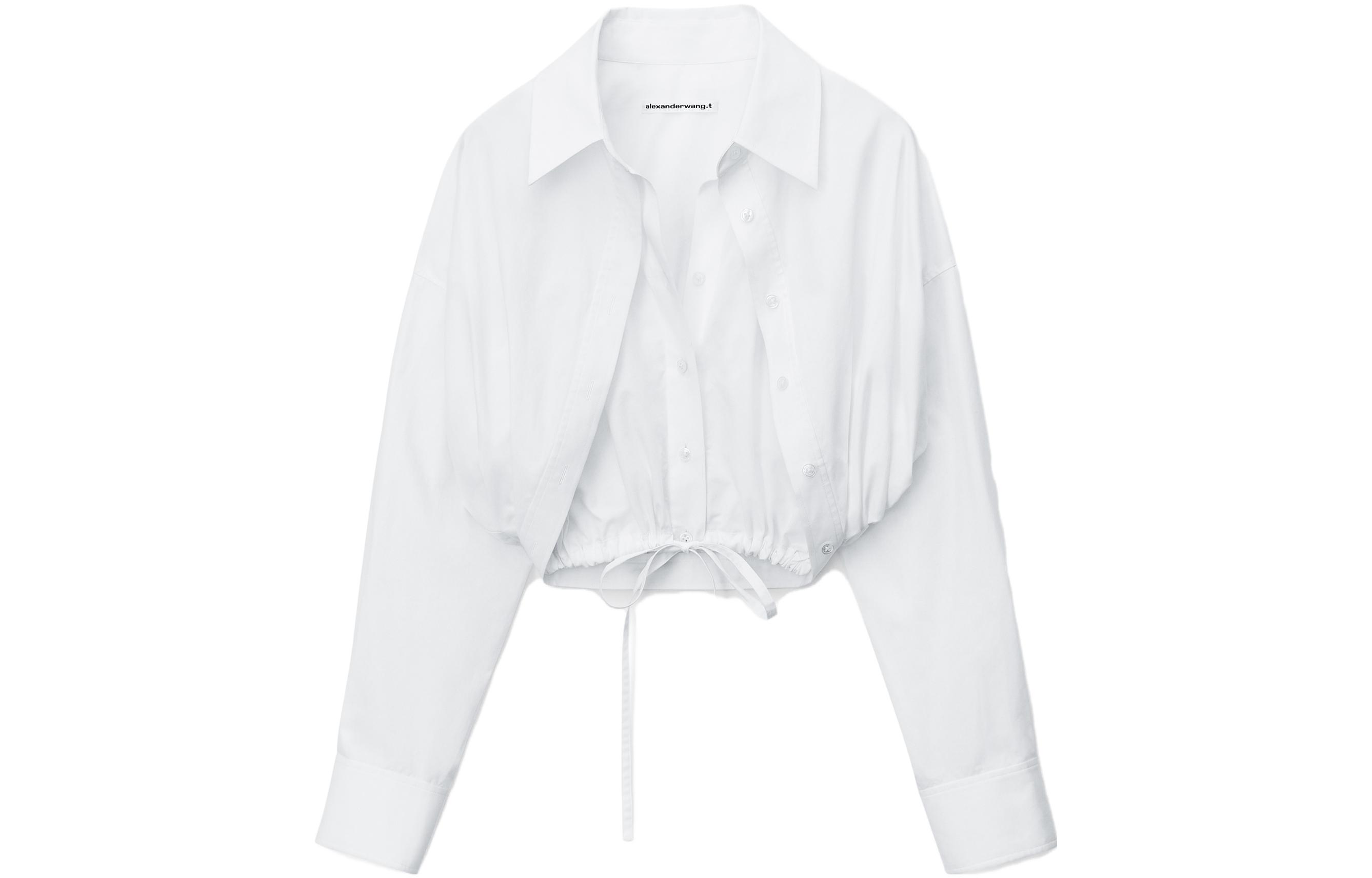 (Women) Alexander Wang SS24 White Asymmetrical Collar Layered Cropped Long Sleeve Shirt Women 4WC1241446-100
