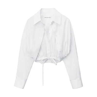 (Women) Alexander Wang SS24 White Asymmetrical Collar Layered Cropped Long Sleeve Shirt Women 4WC1241446-100