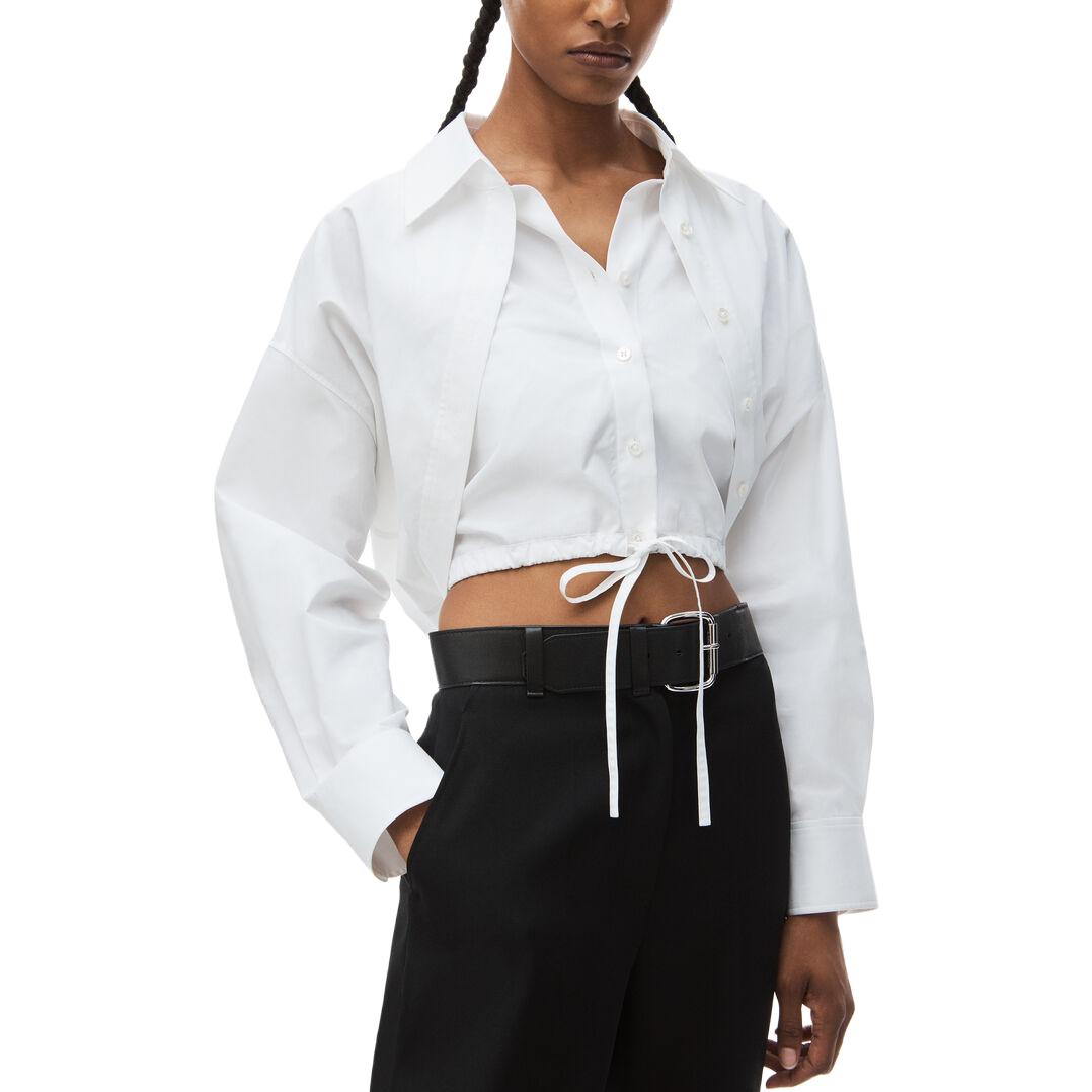 Lookbook (Women) Alexander Wang SS24 White Asymmetrical Collar Layered Cropped Long Sleeve Shirt Women 4WC1241446-100