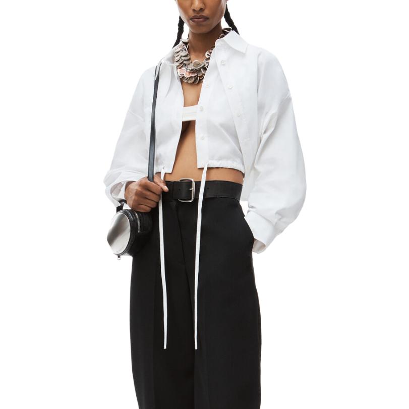Shop (Women) Alexander Wang SS24 White Asymmetrical Collar Layered Cropped Long Sleeve Shirt Women 4WC1241446-100