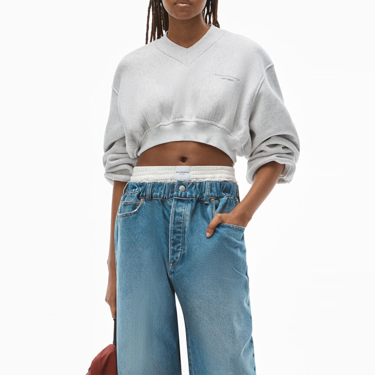 Purchase (Women) Alexander Wang V-Neck Logo Embroidered Crop Sweatshirt Grey 1CC4211507-050