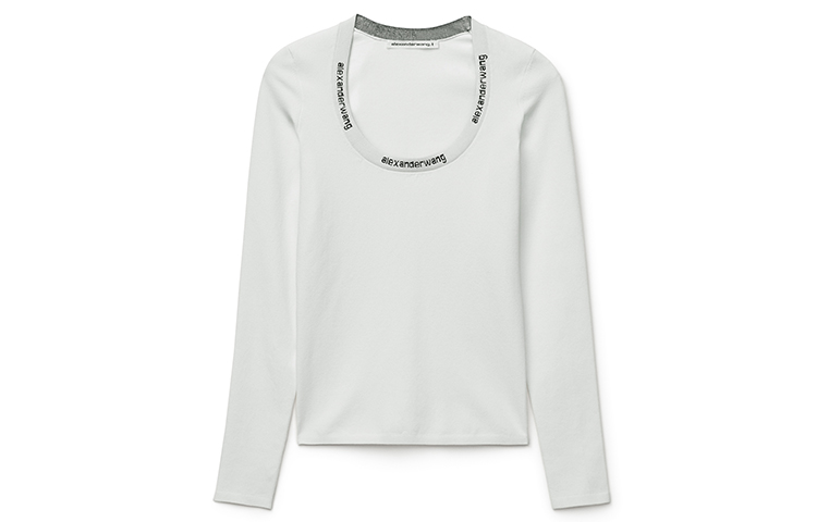 (Women) Alexander Wang White Logo Trim Long Sleeve Slim Fit Tee 4KC1211024-104