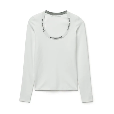 (Women) Alexander Wang White Logo Trim Long Sleeve Slim Fit Tee 4KC1211024-104