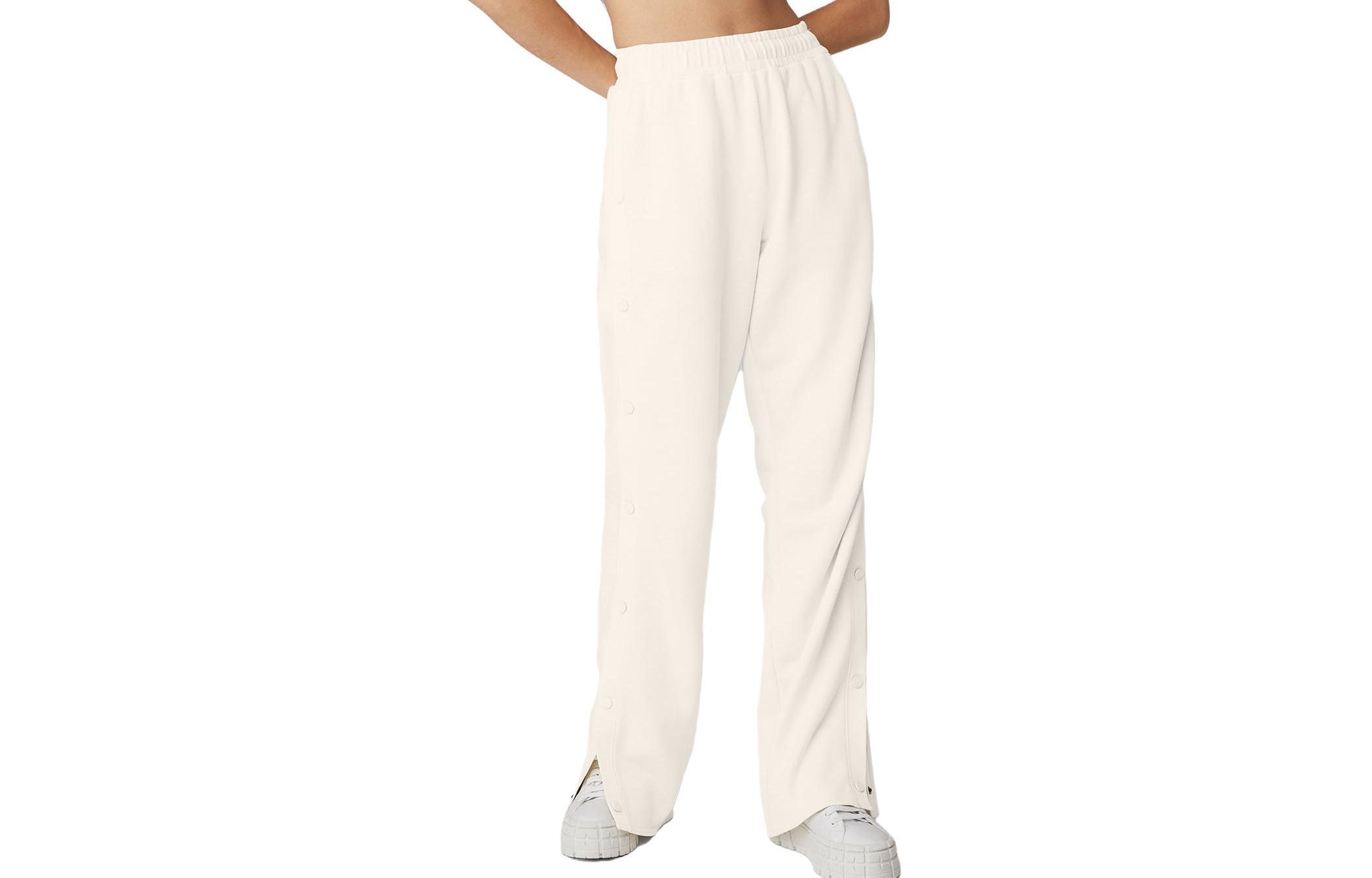 (Women) ALO Courtside Tearaway Snap Pants Ivory White Relaxed-Fit Mid-Rise. W51031R