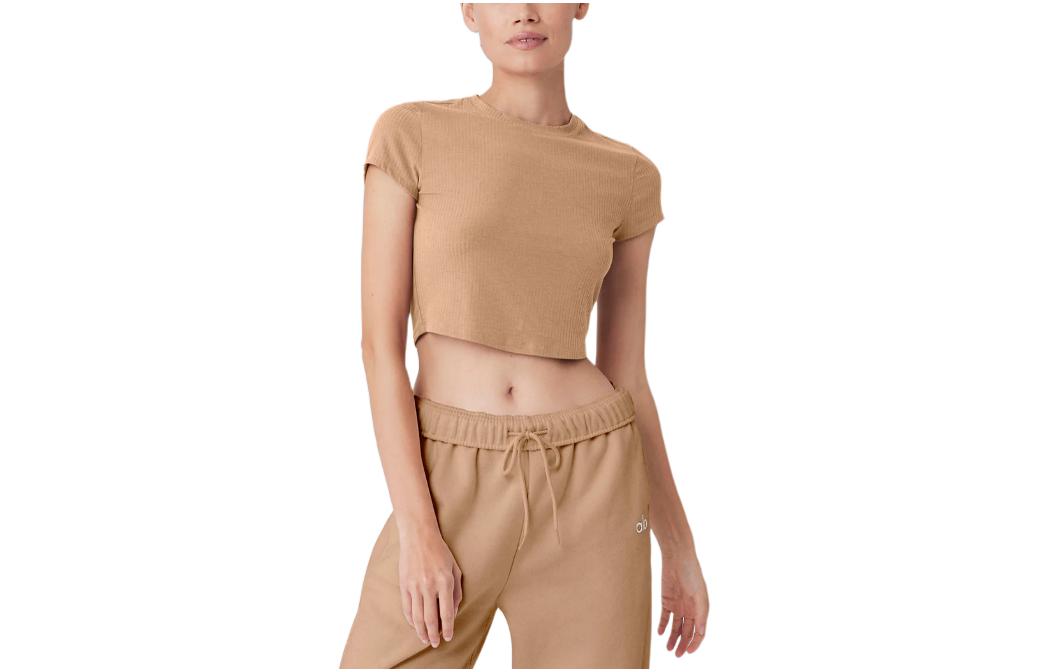 (Women) ALO Ribbed Crew Neck Cropped T-Shirt Short Sleeve W1445R