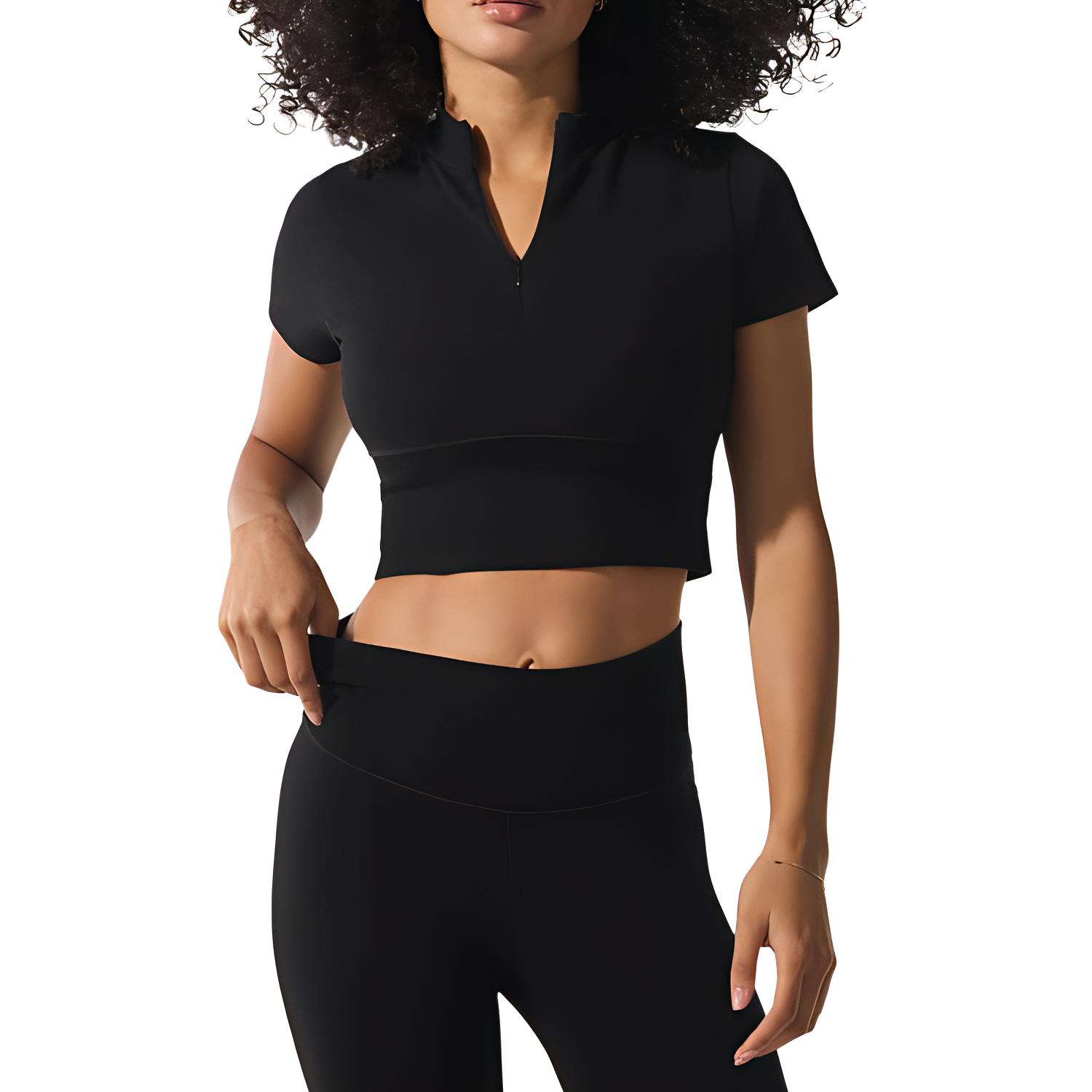 (Women) Alo Yoga Black Half-Zip Short Sleeve Tennis Crop Top W1467R