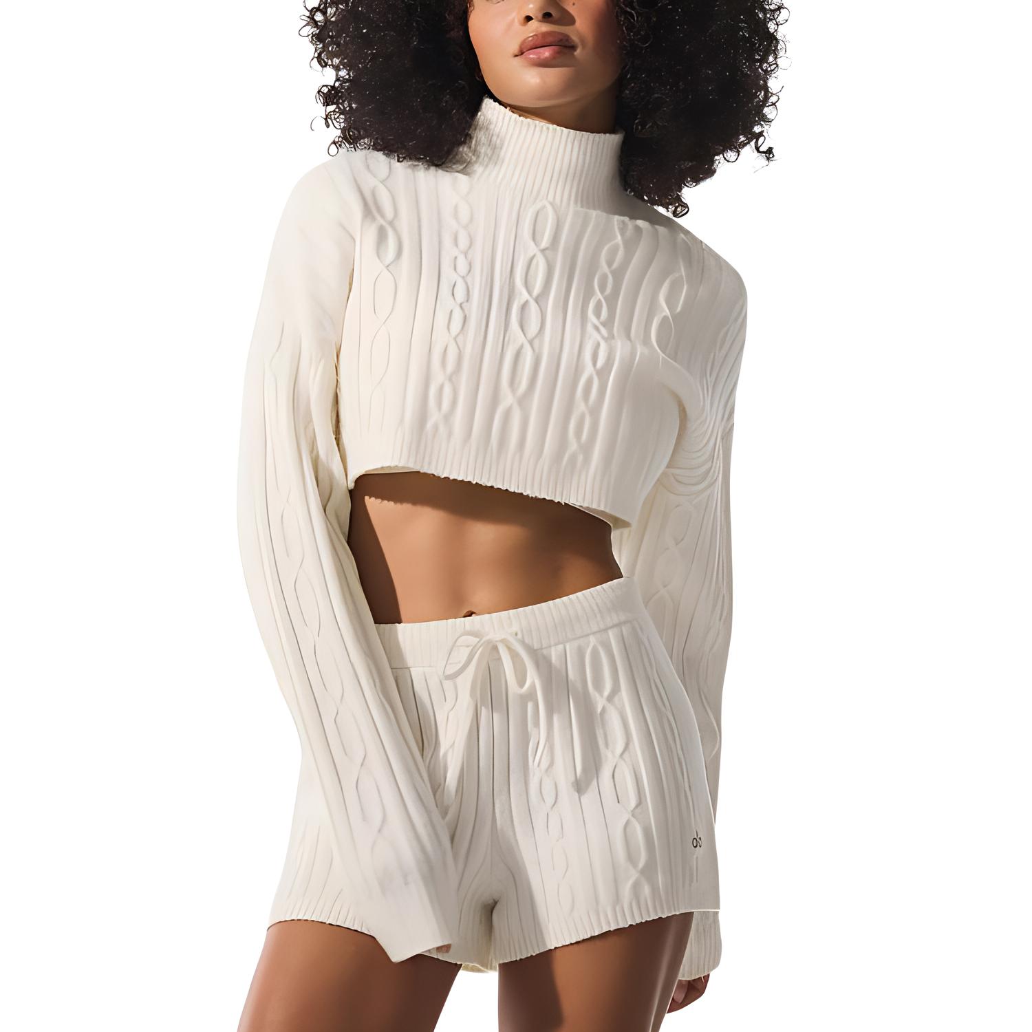 (Women) Alo Yoga Cable-Knit High-Neck Cropped Sweater - Solid Color W3910R