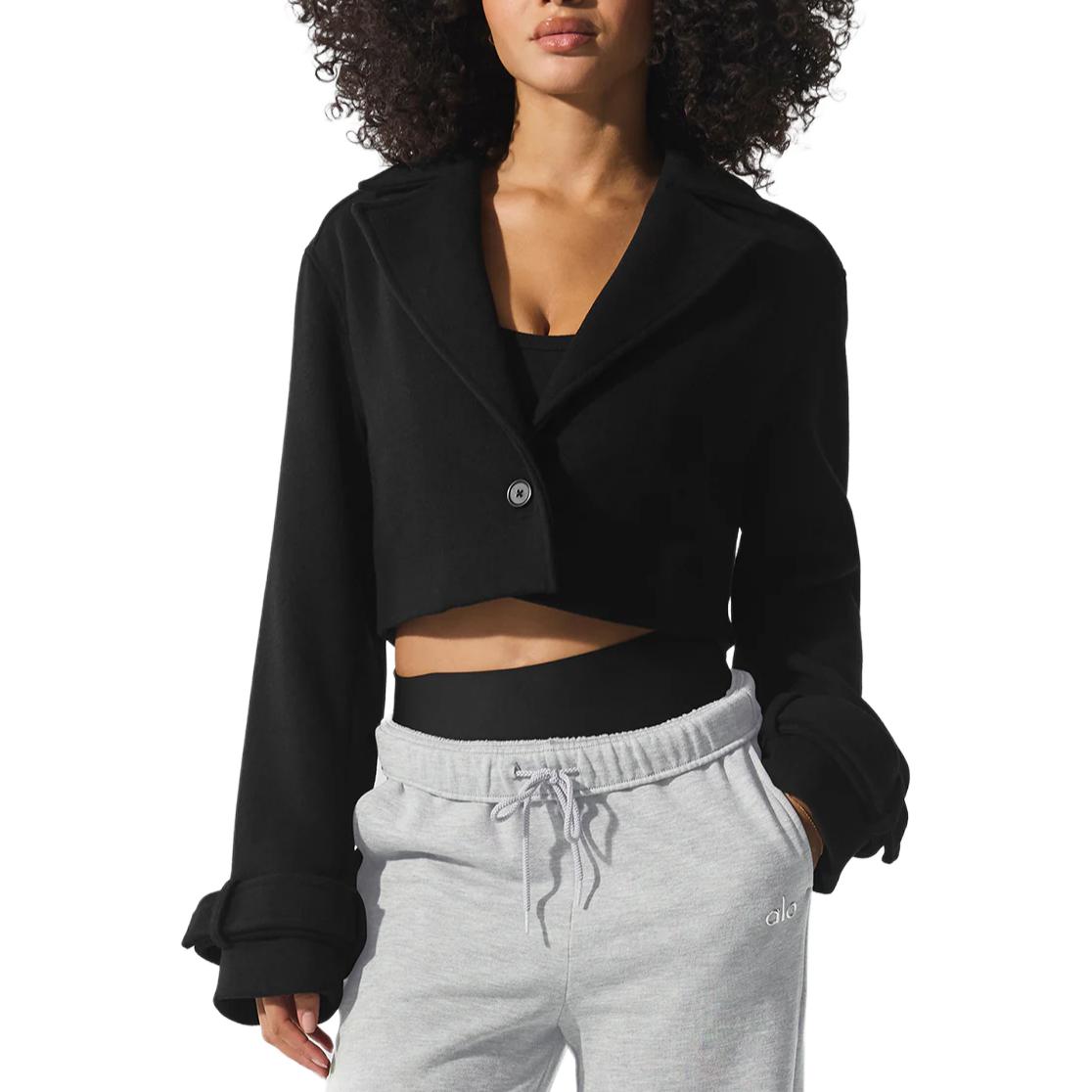 (Women) Alo Yoga Cropped Loose-Fit Black Jacket with Lapel Collar. W4627R-01