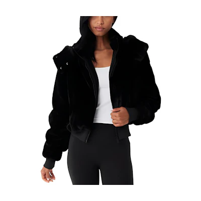(Women) Alo Yoga Faux Fur Foxy Jacket Soft Hooded Long Sleeve Short Coat. w4496r