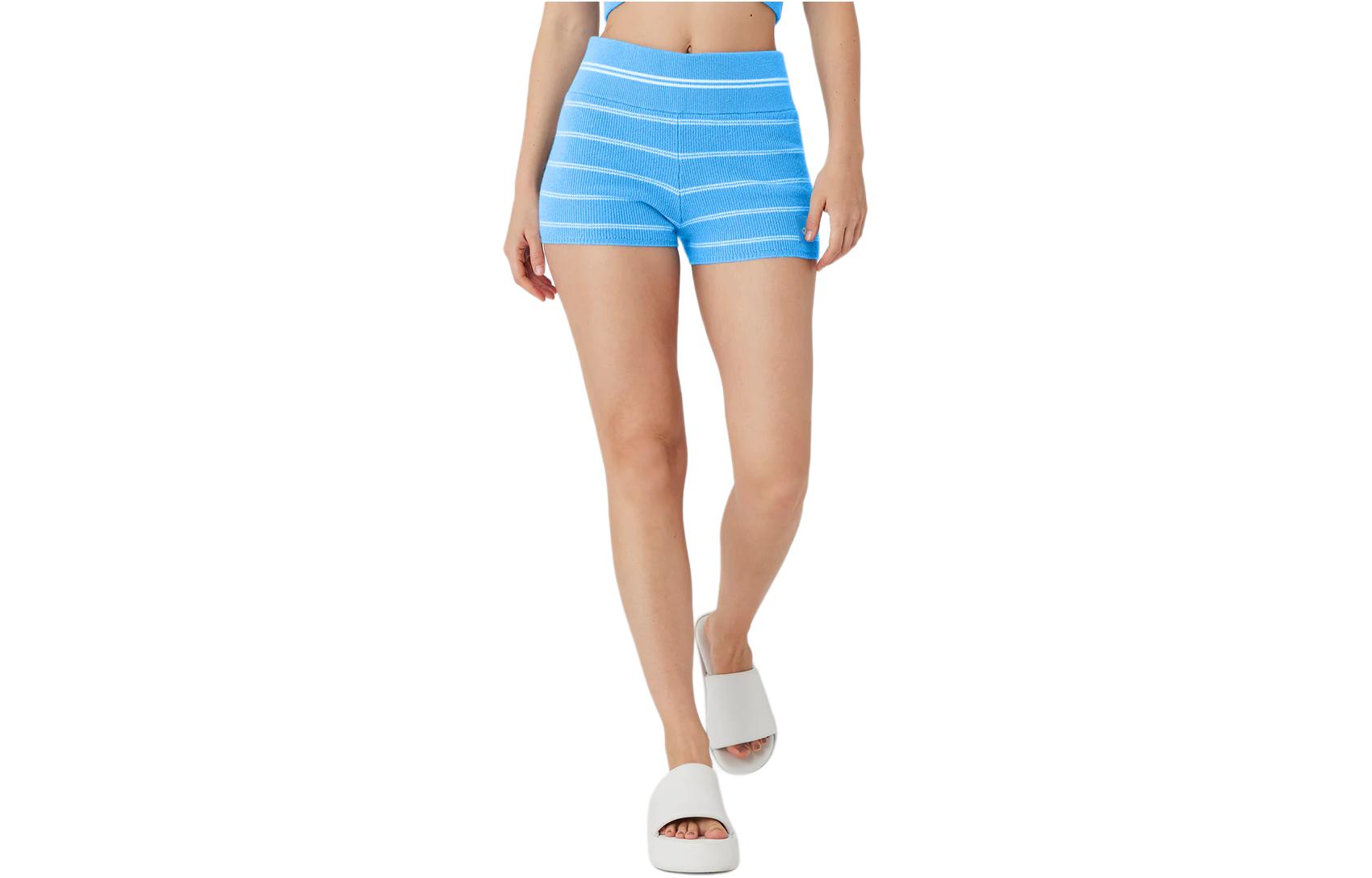 (Women) Alo Yoga High-Waist Mini Stripe Shorts - Azure Blue/White. W6341R