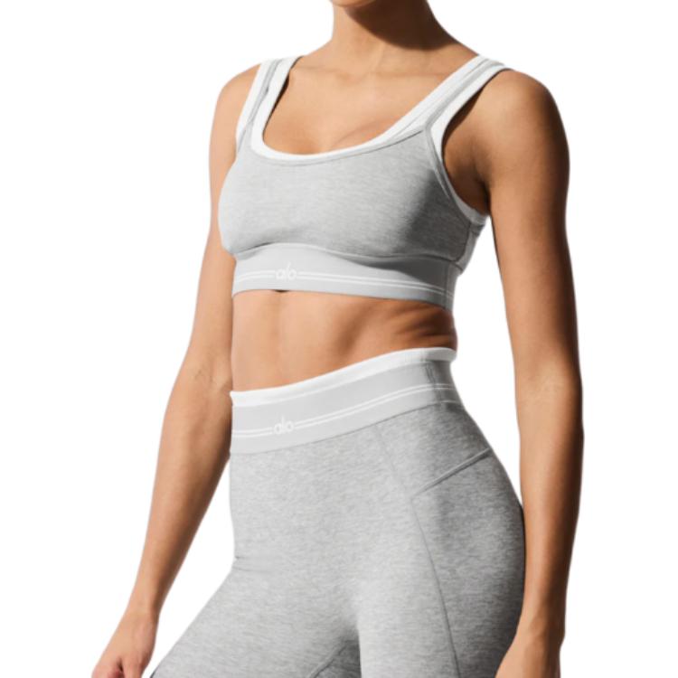 (Women) Alo Yoga Logo Sports Bra Athletic Heather Grey/White W9873R