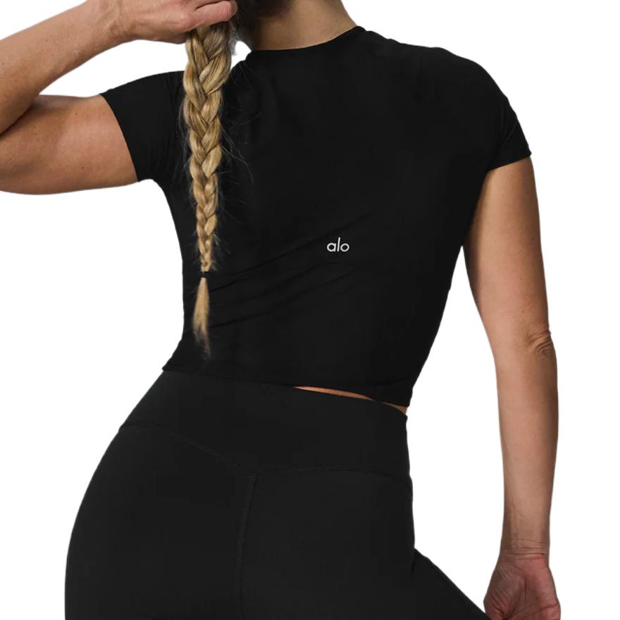 (Women) Alo Yoga Mesh Cropped Tempo Breathable Soft Tee Black Regular Fit W1465R
