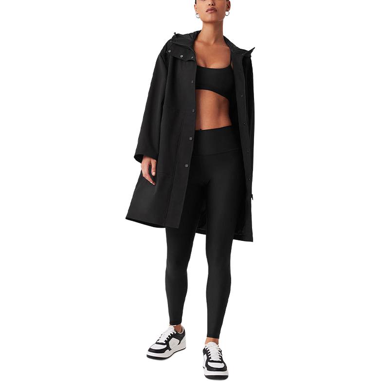 (Women) Alo Yoga Rain or Shine Long Coat  Solid Black Hooded Overcoat w4560r