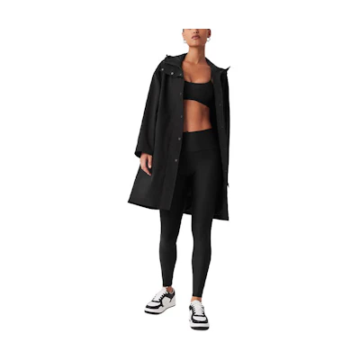(Women) Alo Yoga Rain or Shine Long Coat Solid Black Hooded Overcoat w4560r