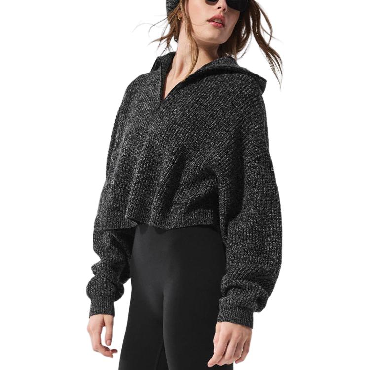 (Women) Alo Yoga Solid Half-Zip Knit Pullover Black W3901R