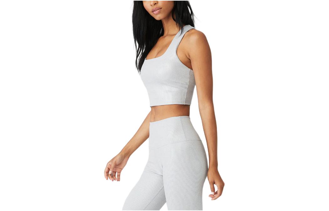 (Women) Alo Yoga Solid Ribbed Light Grey Iridescent Sports Bra W9611R