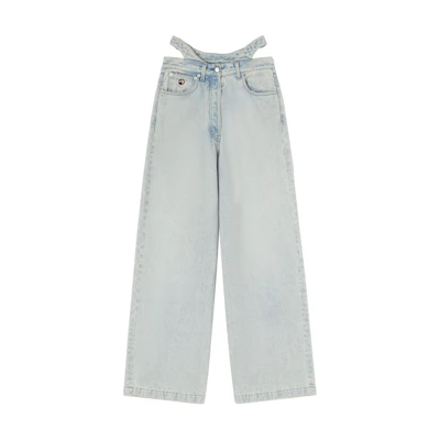 (Women) AMBUSH Light Blue Wide-Leg Denim Jeans with Cut-Out Waist & Zipper. BWYA001S24DEN0024200