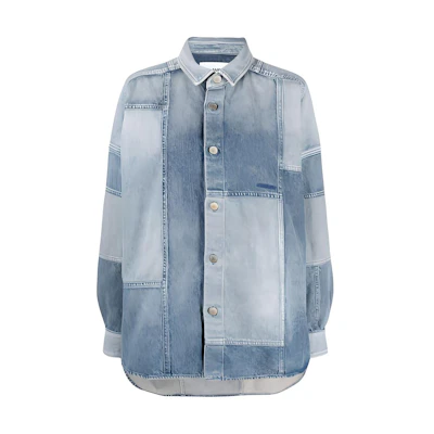 (Women) AMBUSH FW21 Denim Patchwork Long Sleeve Shirt Blue BWYD001S21DEN0014545