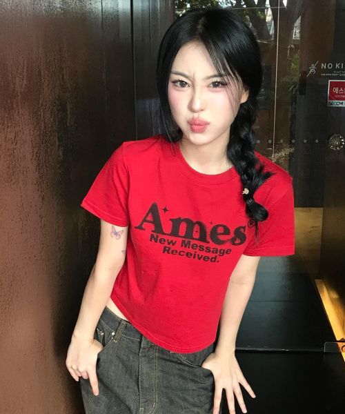 (Women) AMES WORLDWIDE Red Round Hem Crop Tee AM2EMUT520ARE